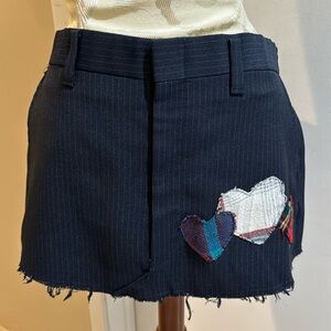 Urban Renewal Mini Pinstripe Navy Heart Patches Pockets Upcycled Zip Up Skirt L